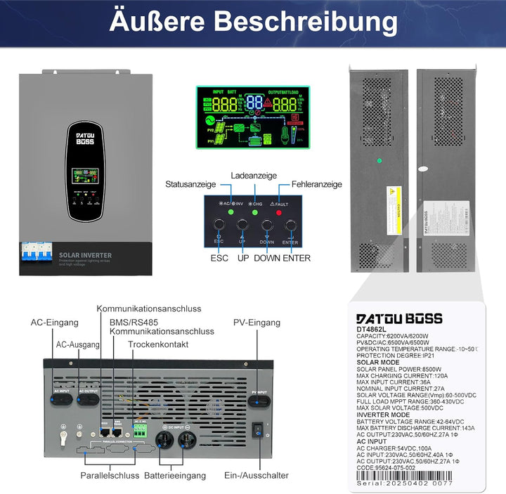 DATOUBOSS 6200W Hybrid Solar Wechselrichter 48V, Reiner Sinus, PV-Array bis 8500W, PV-Inverterleistu