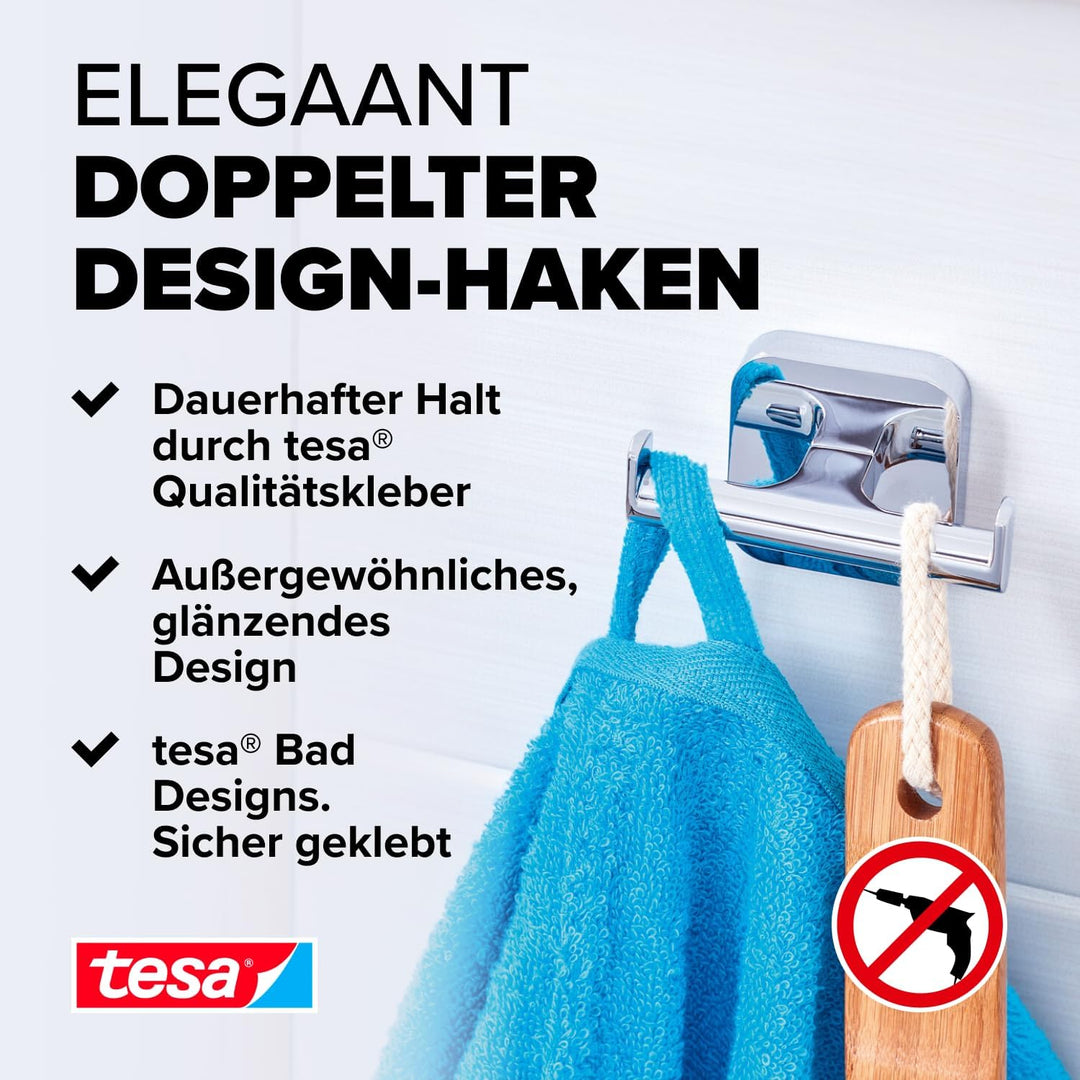 tesa ELEGAANT Doppel-Handtuchhaken, verchromt - Bad-Haken mit doppelter Aufhänge-Lösung, zur Wandbef