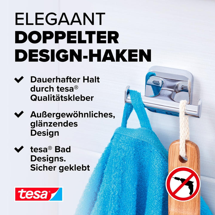 tesa ELEGAANT Doppel-Handtuchhaken, verchromt - Bad-Haken mit doppelter Aufhänge-Lösung, zur Wandbef