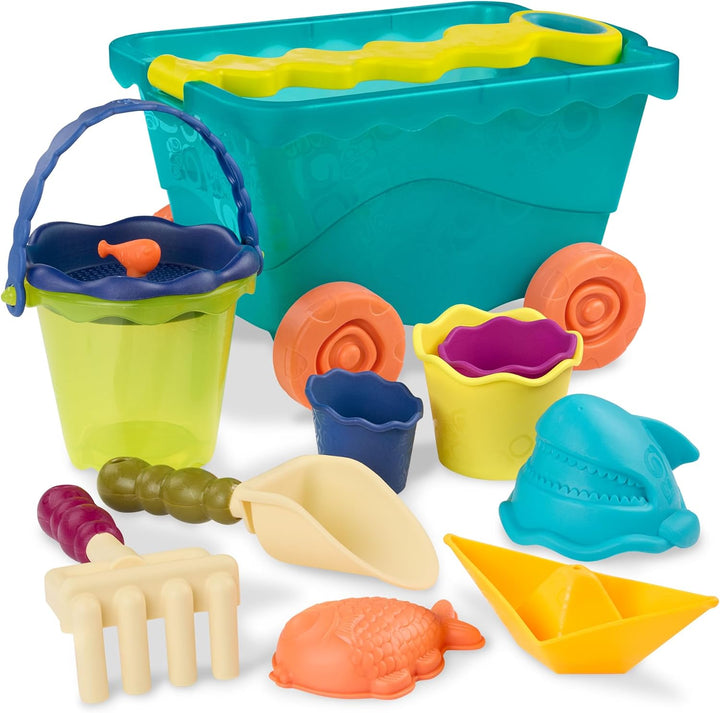 B. toys Sandspielzeug 11 Teile mit Bollerwagen – Sandkasten Spielzeug, Strand, Spielplatz mit Eimer,