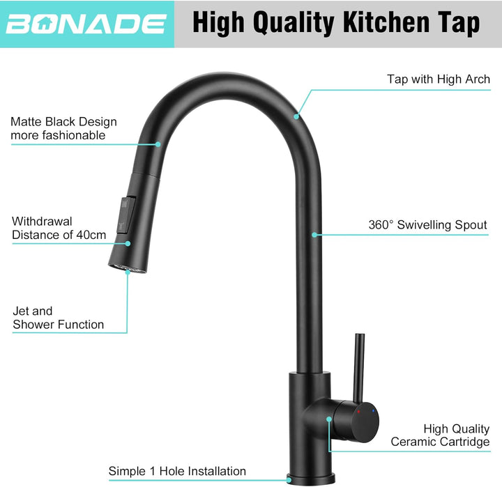BONADE Wasserhahn Küche Schwarz, 360° Drehbare Küchenarmatur mit Brause Ausziehbar, Hoher Bogen Misc