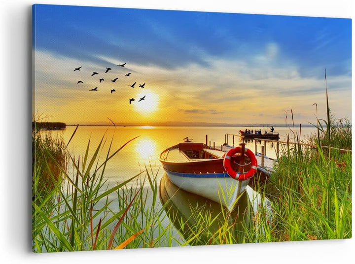 Bilder auf Leinwand 100x70cm Leinwandbild Boot See Sonnenuntergang Sommer Menschen Gross Wanddeko Bi