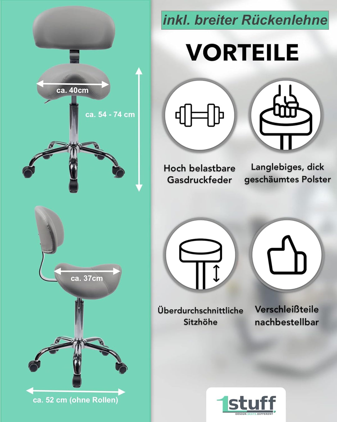 Sattelhocker MULY BIGBACK Lehne, Sitzhöhe bis ca. 74cm, Dunkelgrau | 1stuff-Markenqualität, Fachhänd