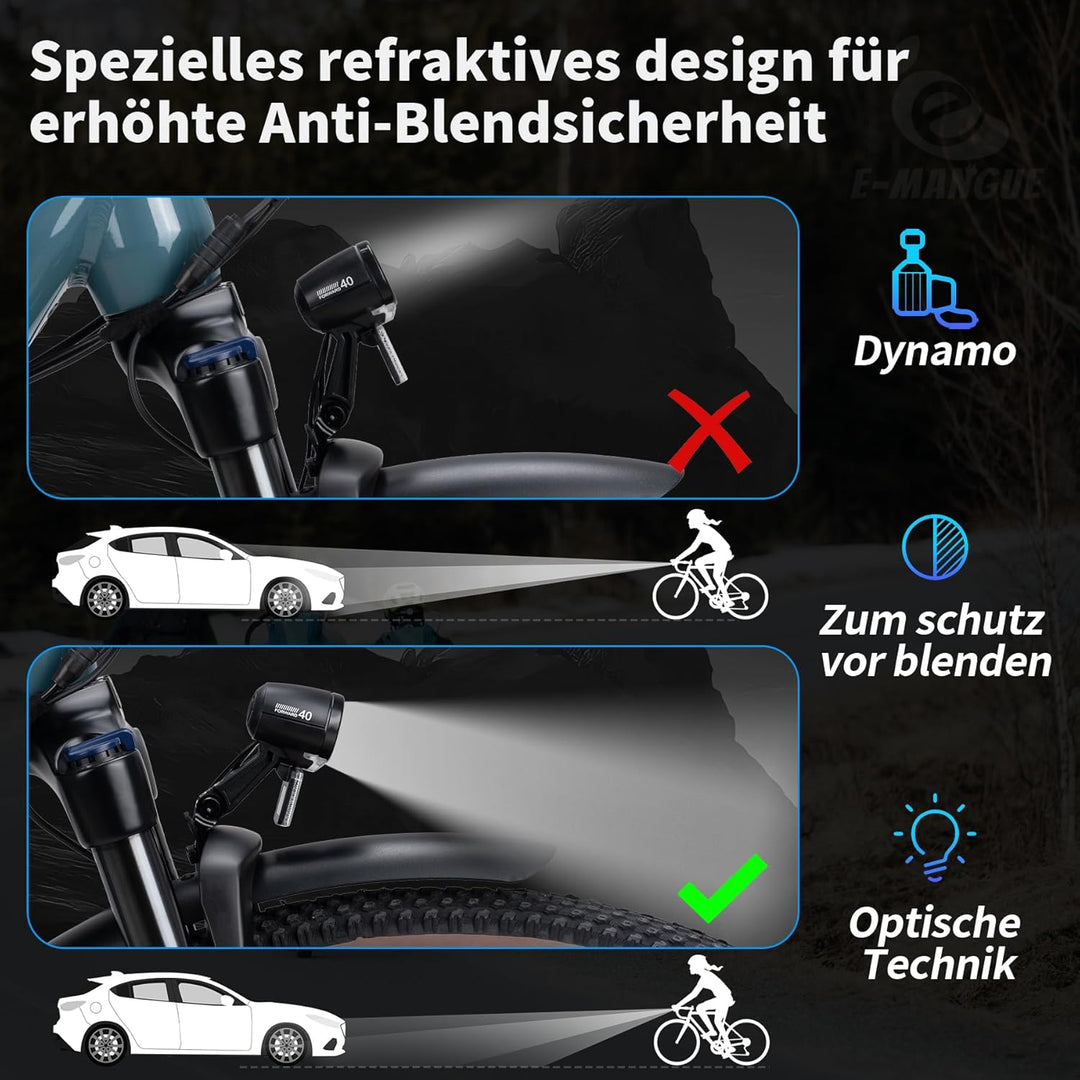 E-Bike LED Fahrradlicht Dynamo Vorne mit Tagfahrlicht, Standlichtfunktion, 40 LUX StVZO Zugelassen D
