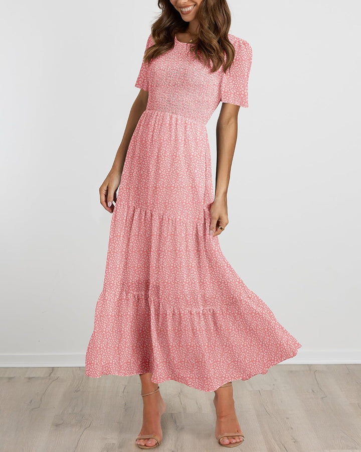 BTFBM Lässiges Sommerkleid für Damen, kurzärmelig, mit Rundhalsausschnitt, Boho-Stil, mit Blumendruc