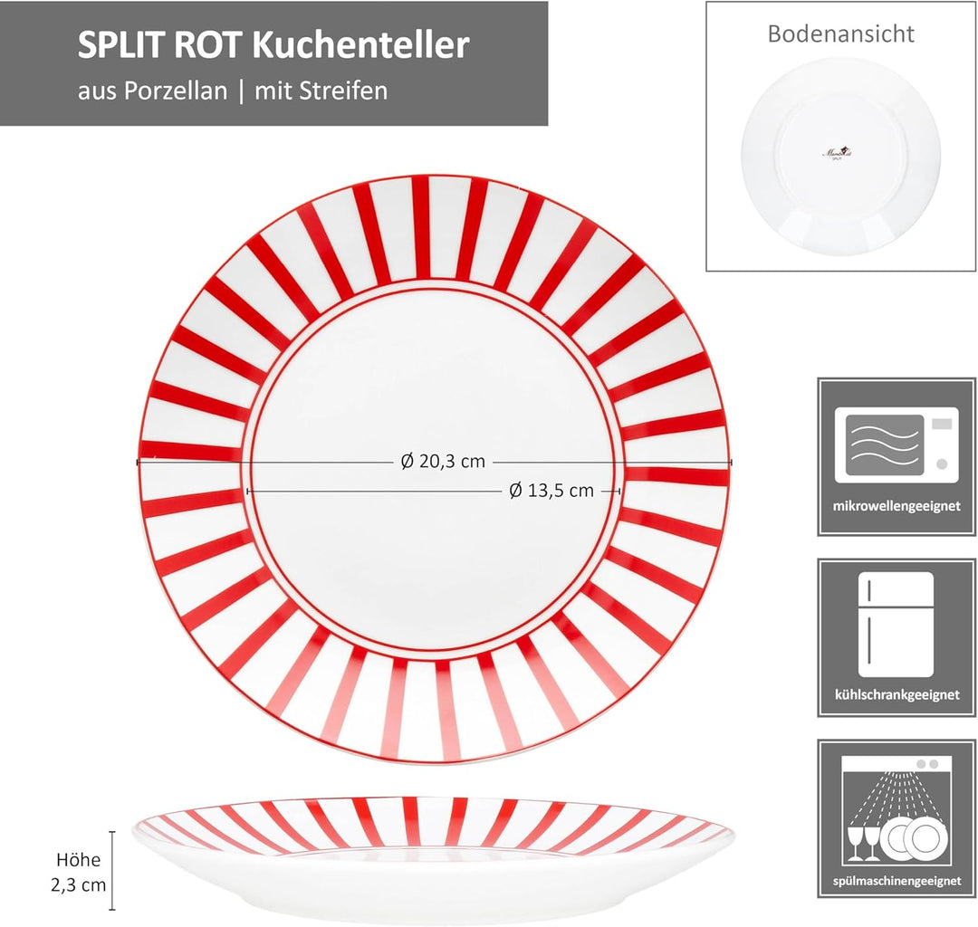 MamboCat Split rot 6er Set Kuchenteller I weisses Porzellan-Frühstücksteller mit Streifen für 6 Pers