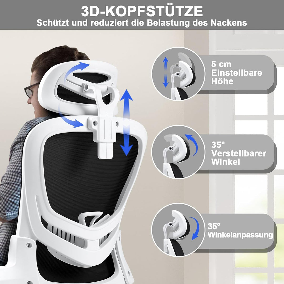 LEVIPE Ergonomischer Bürostuhl mit Lendenwirbelstütze, verstellbare Rückenlehne und Kopfstütze, vers