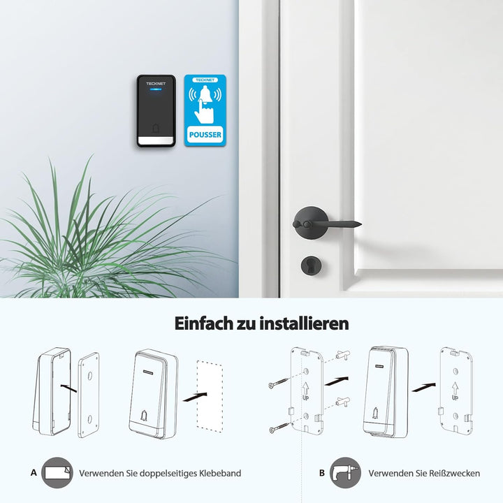 TECKNET Kabellose Türklingel Batterielose, Steckdosen-Funkklingel IP65 Wasserdicht Drahtloses Türkli