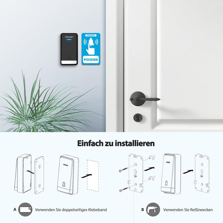 TECKNET Funkklingel Batterielose, Funkklingel mit Steckdose, Funk Türklingel mit 2 Sender, IP65 Funk