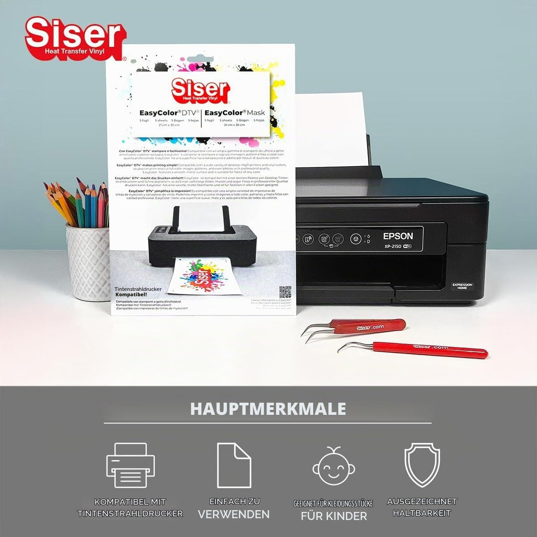 Siser® Easy Color DTV Pack 5+5 Thermotransferfolie, bedruckbar mit Tintenstrahldrucker, 5 Blatt A4 E