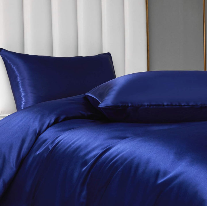 Damier Bettwäsche 155x220cm Blau Satin Bettwäsche Set 2 Teilig Hochwertiges Satin Uni Einfarbig Deck