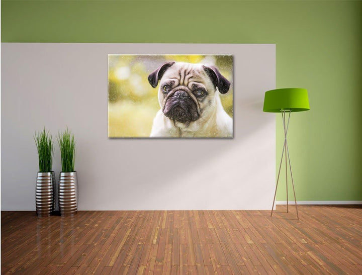 Pixxprint Mopsporträt Kunst Buntstift Effekt / 100x70cm Leinwandbild bespannt auf Holzrahmen/Wandbil