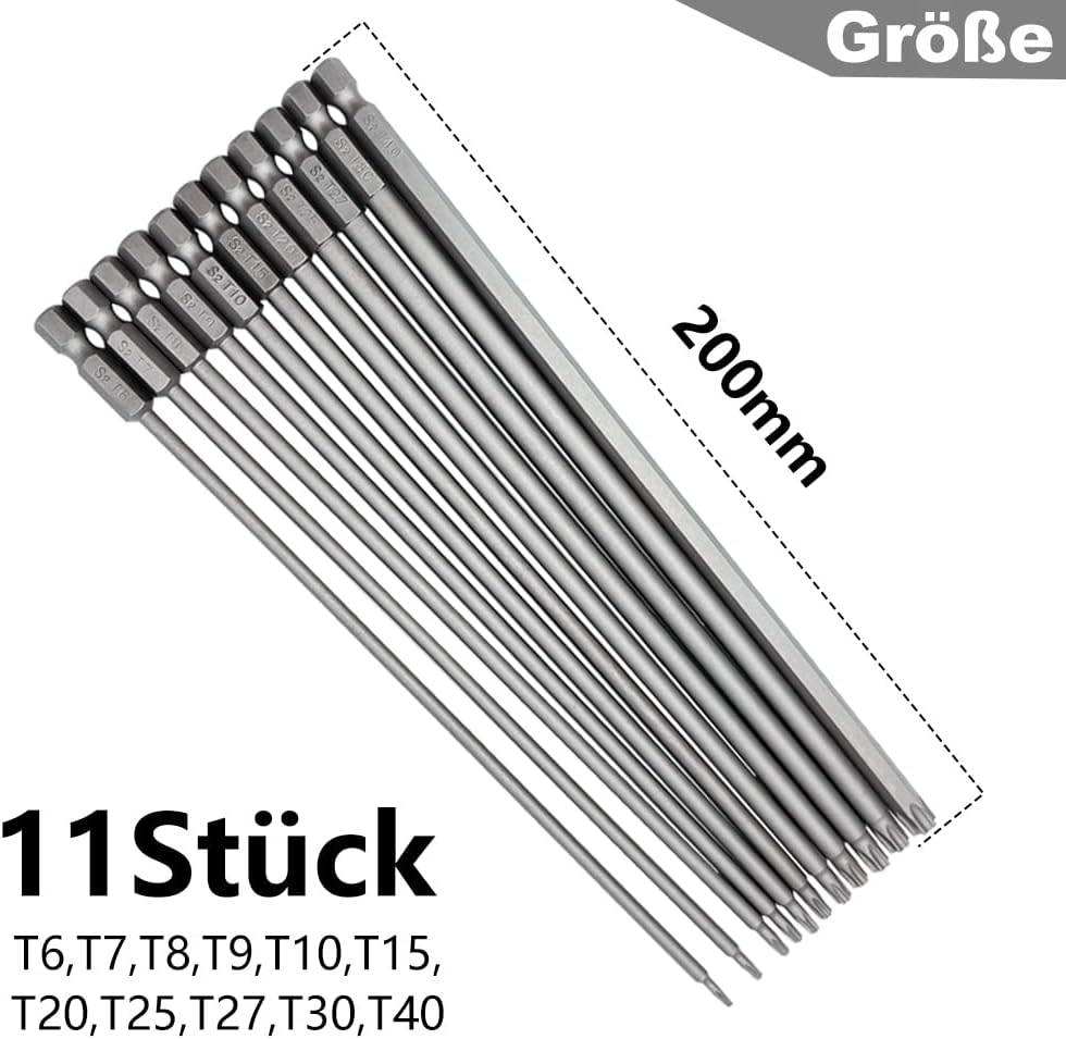 Saipor 11 Stück 200mm Torx Lang Schraubendreher Bit Set, Magnetisch Torx Bohrer 1/4" Sechskant Schaf
