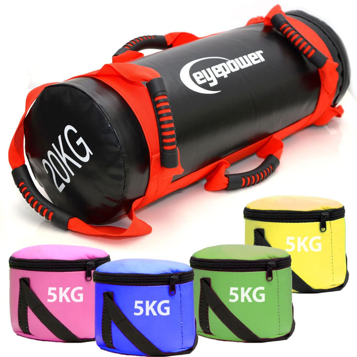 EYEPOWER 20kg Power Bag + 4 Kettlebell Gewichte - Befüllt mit Eisensand - Besser als Geräte: 6 Griff
