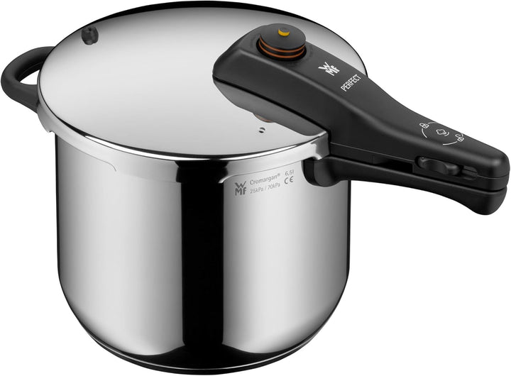 WMF Perfect Schnellkochtopf Induktion 6,5l, Dampfkochtopf mit Einsatz, grosses Kochsignal, 2 Kochstu