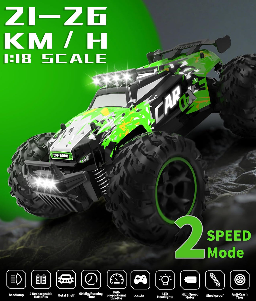 Carox Ferngesteuertes Auto,2.4 GHz 26 km/h RC Auto,1:18 Off Road Monstertruck mit Scheinwerfer und F