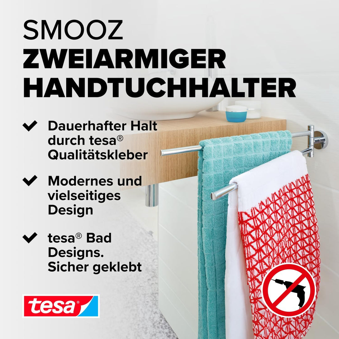 tesa SMOOZ Bad Handtuchhalter, 2-armig und schwenkbar, verchromt - zur Wandbefestigung ohne Bohren,