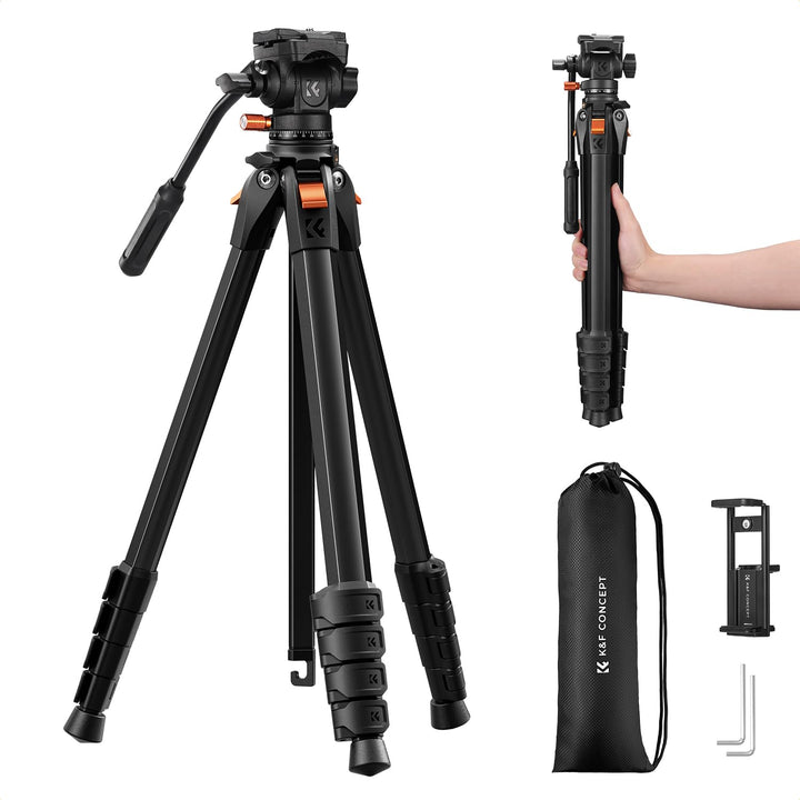 Kamera Stativ,K&F CONCEPT Videostativ mit Fluidkopf,187cm Stativ Kamera, Tripod für unterwegs, Kompa