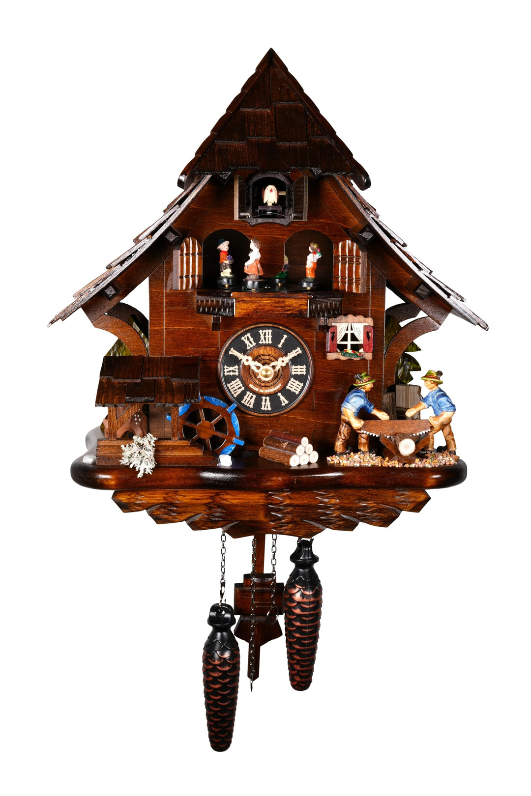 Engstler Quarz Kuckucksuhr Schwarzwaldhaus mit beweglichem Sägerpaar und Mühlrad, mit Musik EN 4927
