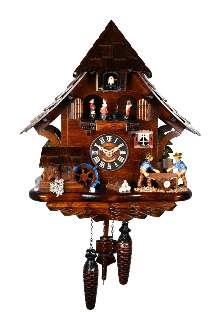 Engstler Quarz Kuckucksuhr Schwarzwaldhaus mit beweglichem Sägerpaar und Mühlrad, mit Musik EN 4927