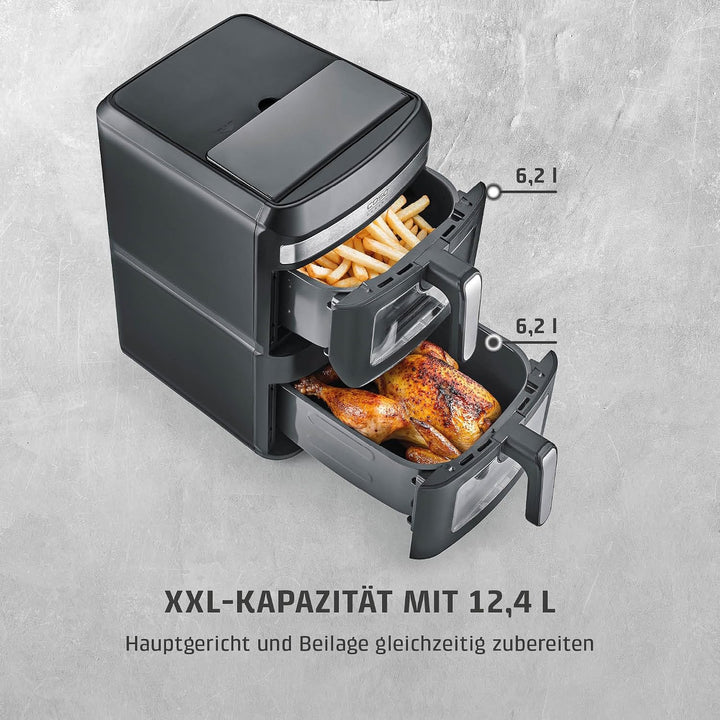 CASO AirFry Duo Tower, Doppel-Heissluftfritteuse, AirFryer, 12,4L (2x 6,2 L) vertikal, individuell e