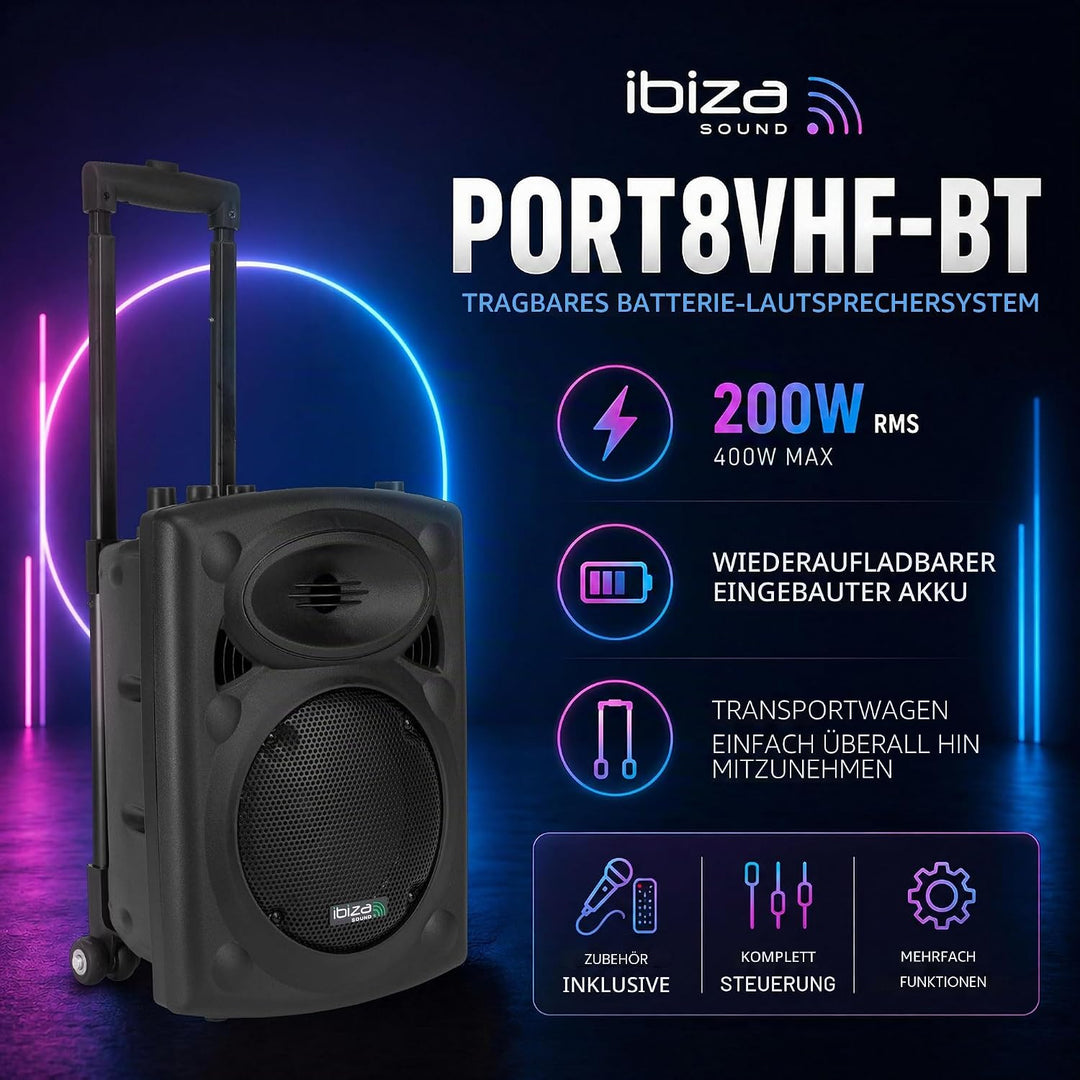 PORT8VHF-BT - Ibiza - Mobile BESCHALLUNGSANLAGE 8”/20CM MIT USB-MP3, BT, Rec, VOX, 1 VHF & 1, 8” VHF