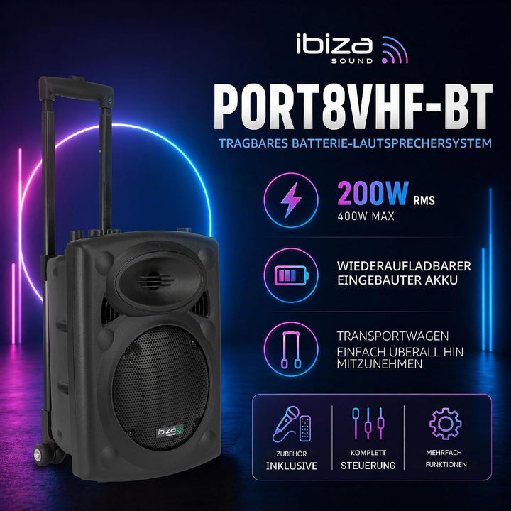 PORT8VHF-BT - Ibiza - Mobile BESCHALLUNGSANLAGE 8”/20CM MIT USB-MP3, BT, Rec, VOX, 1 VHF & 1, 8” VHF