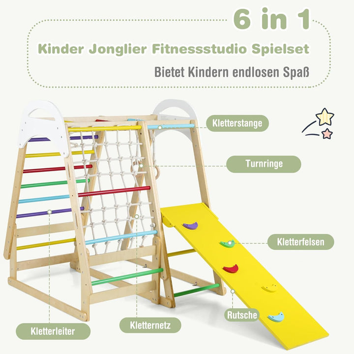 COSTWAY Klettergerüst Indoor, 6 in 1 Turnringen & Kletterfelsen & Kletternetz & Leiter & Pull Up Bar