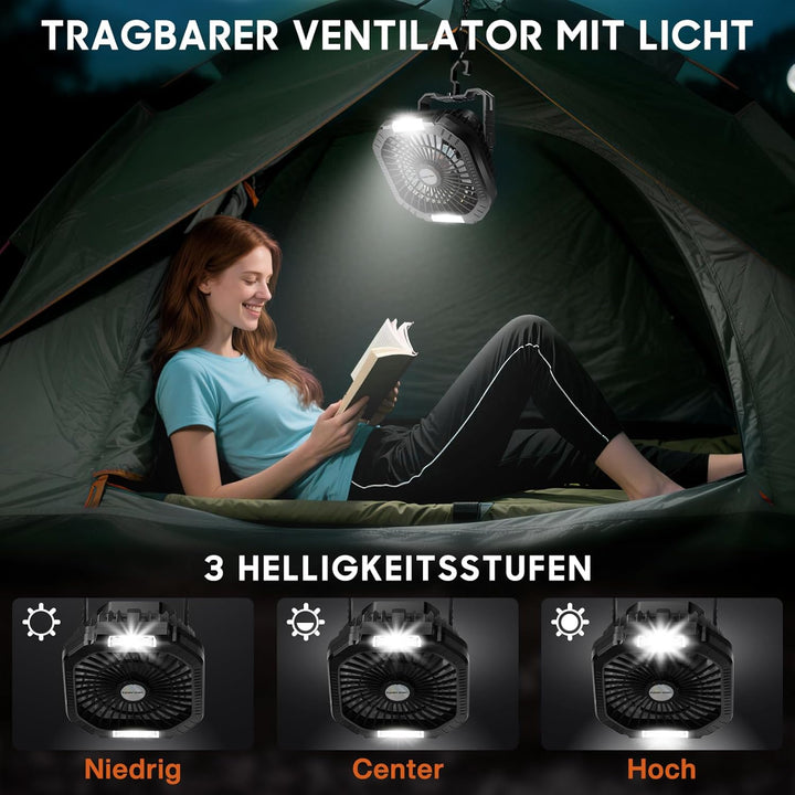 Camping Ventilator, 10000 mAh Ventilator USB-Tischventilator mit Licht, Haken und Paracord-Armband,