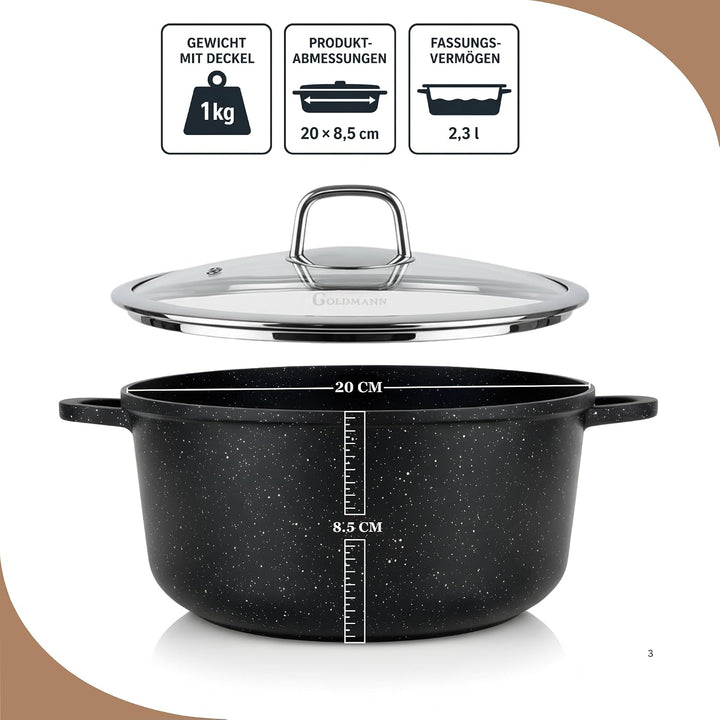 GOLDMANN Premium Gussaluminium Kochtopf 20 cm (2,3 L) – Keramik-Marmor Antihaft-Kasserolle mit Glasd