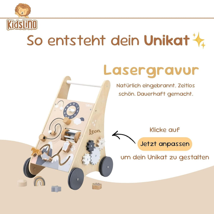 Personalisierter Lauflernwagen aus Holz mit Name – Sicherer Baby Schiebewagen für erste Schritte – L