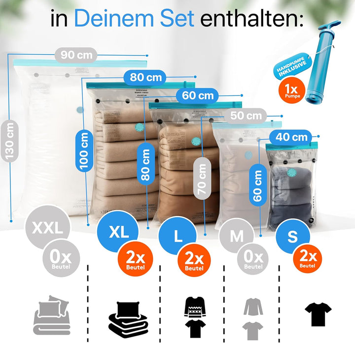 XL Jumbo Vakuumbeutel für Kleidung u. Bettdecken [6 Stück] - INKL. HANDPUMPE u. ETIKETTEN in (2x 40x