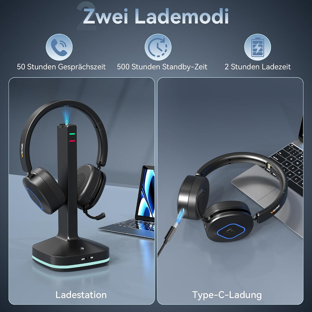Wantek Bluetooth Headset mit Mikrofon &amp; USB Dongle, Akku 45h+, Wireless Headset PC mit Noise Cancell