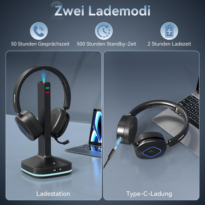 Wantek Bluetooth Headset mit Mikrofon &amp; USB Dongle, Akku 45h+, Wireless Headset PC mit Noise Cancell