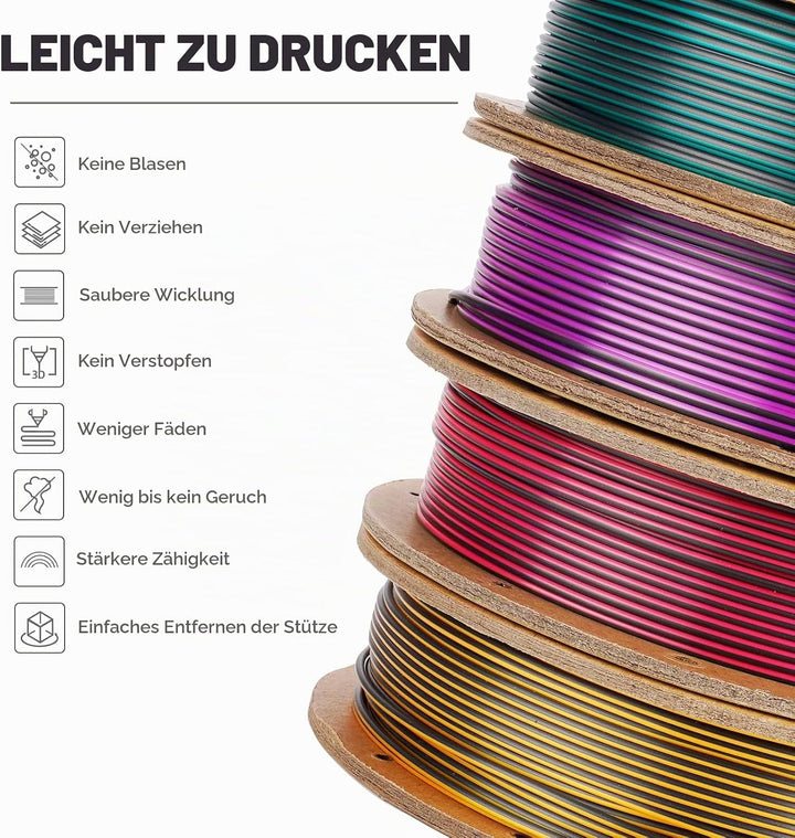 ERYONE Silk PLA Filament 1.75mm, -0.03mm, 4x0.25 kg/Spool/Pack, Tri Color Rot/Gold/Schwarz, Gold/Lil