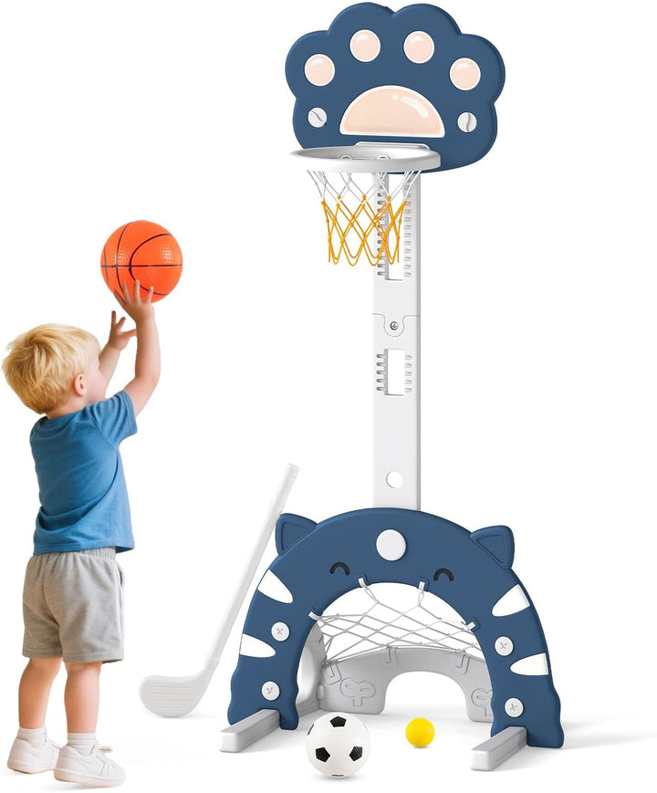 COSTWAY 3 in 1 Kinder Basketballkorb, Basketballständer mit Basketball & Fussball & Golfspiel, Indoo