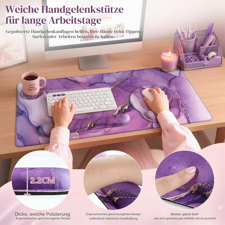 iCasso Schreibtischmatte, Gaming-Mauspad, Handgelenkstützen-Set, 4-in-1 XXL, Computer, lila Marmor 1