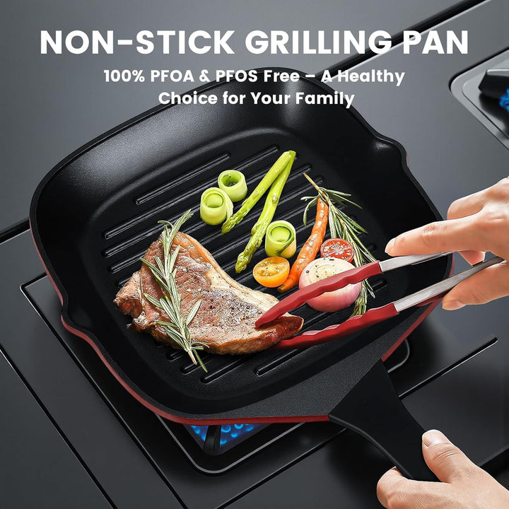 Grillpfanne 28 x 28 cm mit Ausguss, Steakpfanne quadratisch gerillt Antihaftbeschichtetes Aluminium,