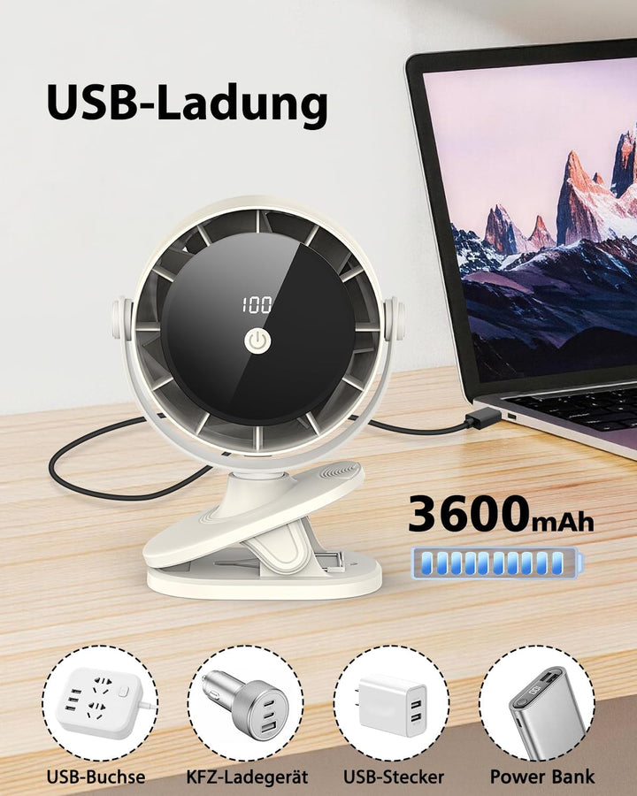 Tragbarer USB Tischventilator mit Akku, 100 Stufen, 360° Drehen & Kippen, Digitalanzeige, Mit Klemme
