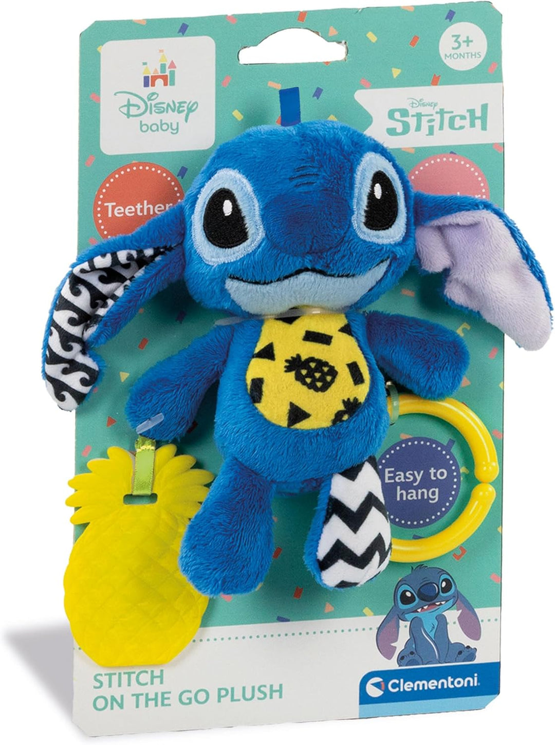 Clementoni Disney Plüsch-Stitch für unterwegs - Weiches Hänge-Spielzeug mit multisensorischen Elemen
