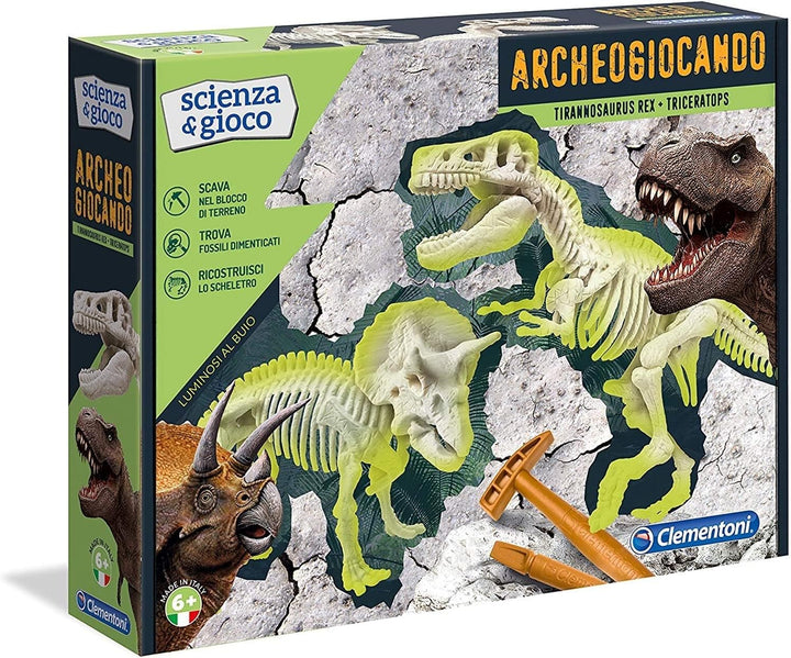 Clementoni 13984 Archeogiocando T-Rex & Triceratopo Wissenschaftliches Spiel, bunt T-Rex und Tricera