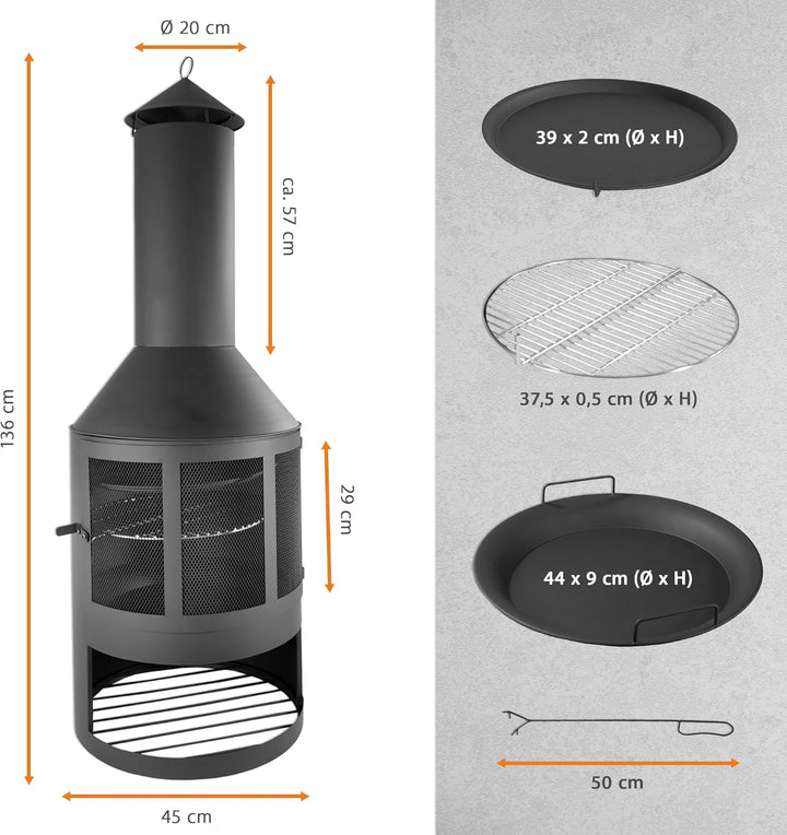 Lemodo Gartenkamin mit Grillrost und Pfanne, Outdoor-Kamin 136cm mit Funkenschutztür, Grillkamin für