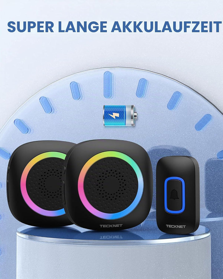 TECKNET Funkklingel, 400M Funk Reichweite Türklingel Set mit RGB Licht, IP66 Aussen Wasserdicht Haus