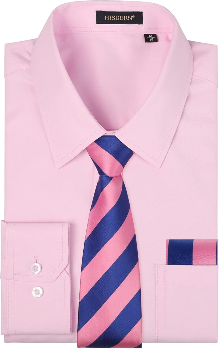 HISDERN Herren Hemd Langarm Einfarbige Hemden mit Krawatte und Taschentuch Formelle Businesshemd Hoc