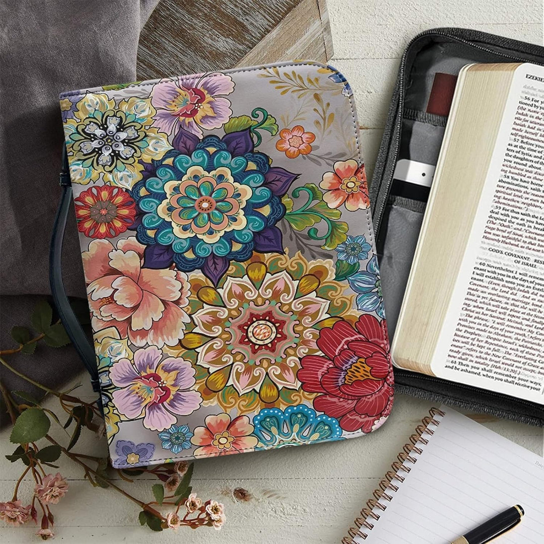 Kuiaobaty Bright Flowers PU Leder Bibeltasche mit Taschen, bunte Blumen-Buchhüllen mit Reissverschlu