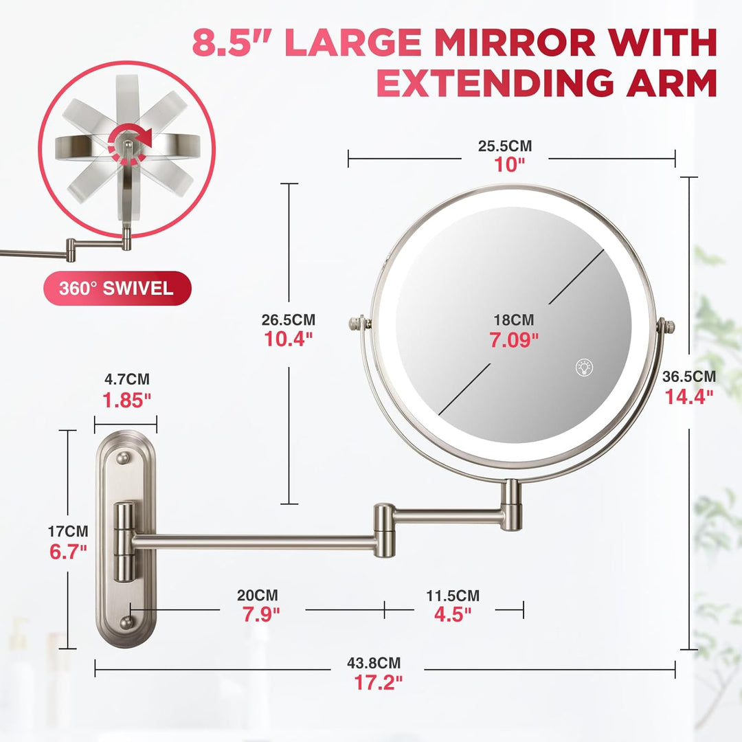 Wandmontierter Make-up-Spiegel, 1x/20x Vergrösserungsspiegel mit 8,5" Doppelseitig, Eitelkeit Make-u