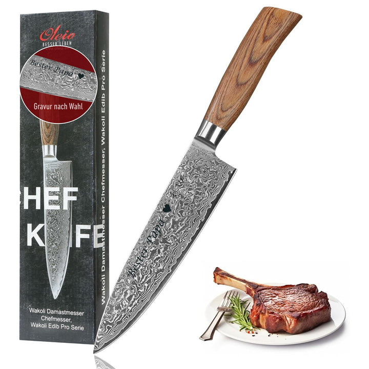 Wakoli EDIB Pro Damast Chefmesser mit Gravur – Personalisiertes Messer, 20cm Klinge aus 67 Lagen Dam