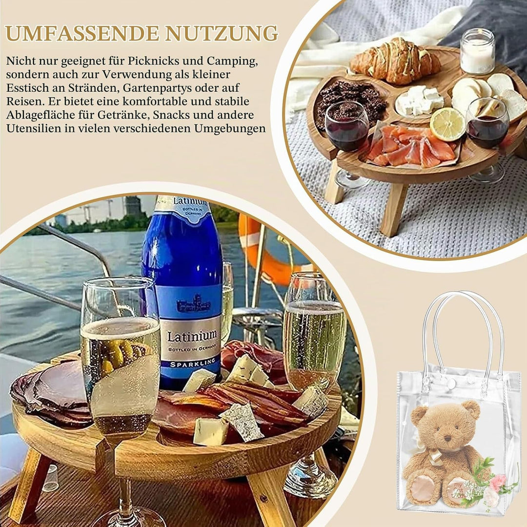 Faltbarer Picknicktisch aus Holz: Tragbarer Picknick Weintisch mit Rotweinglashalter, Rund Holz Gart