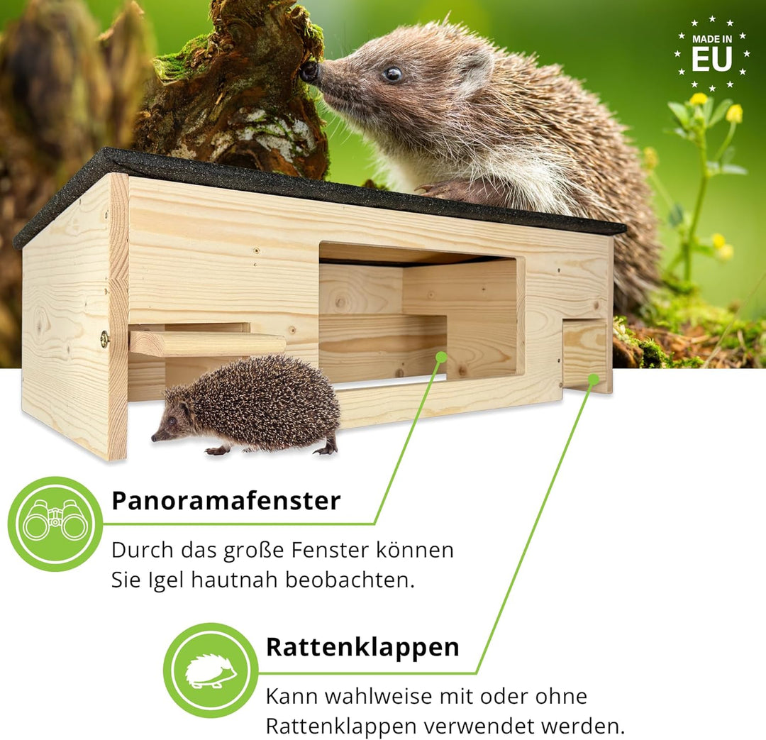 GARTENETAGE Igelfutterhaus XXL mit Panorama-Beobachtungsfenster, Rattenklappen & Fluchtweg – wetterf