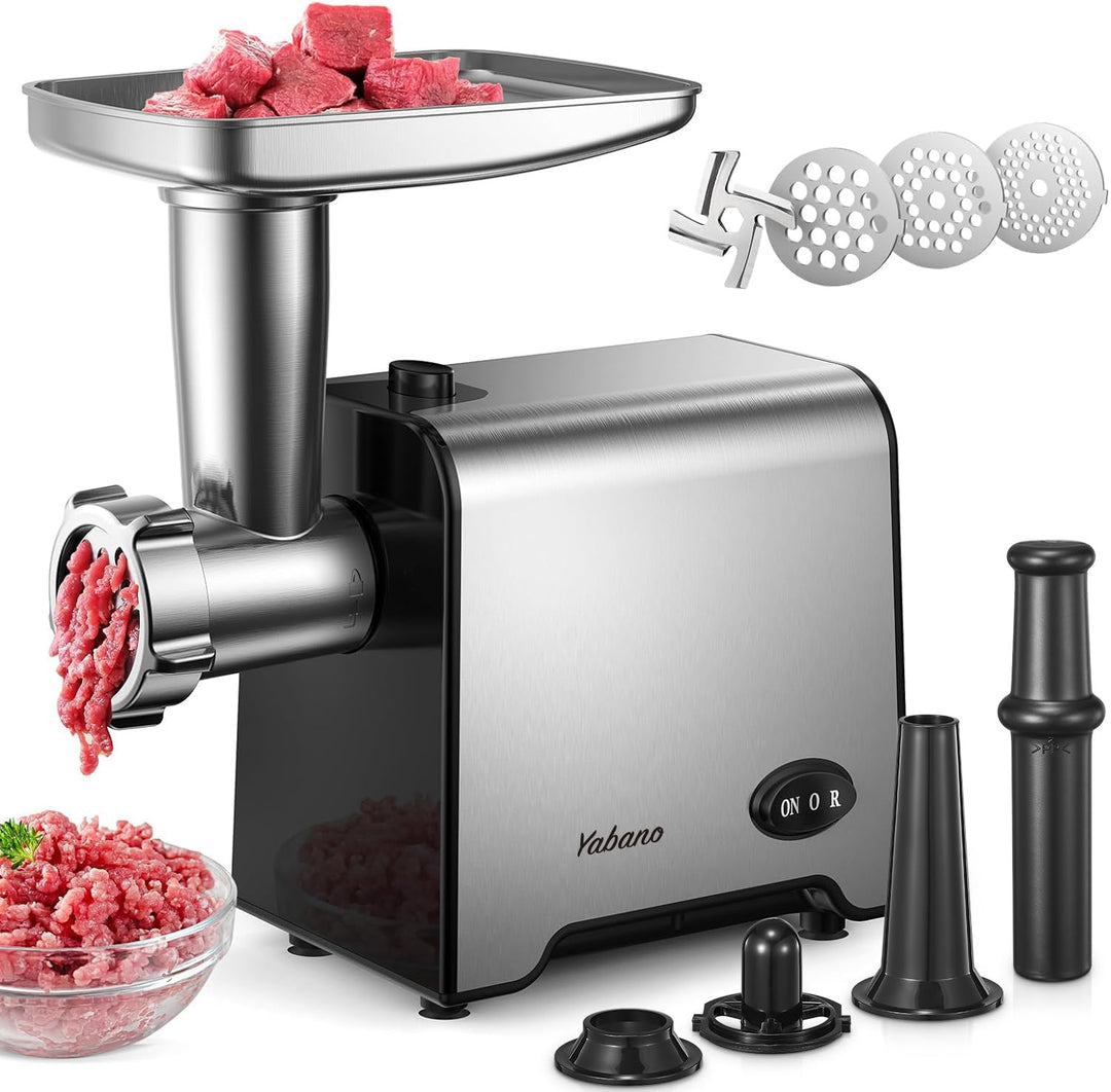 Yabano 3 in 1 Elektrischer Fleischwolf, Edelstahl Hackfleischmaschine mit Wurstfüller, 3 Schleifplat